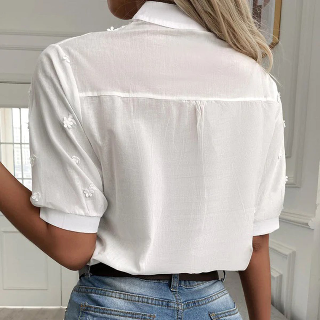 Elegante Geborduurde Blouse met V Hals