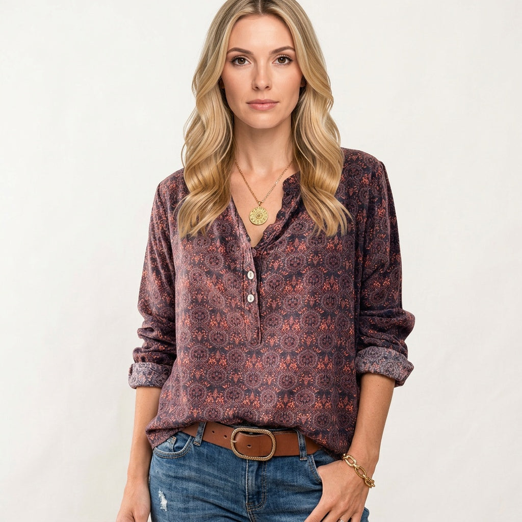 Casual Blouse met V Hals en Print en Lange Mouwen