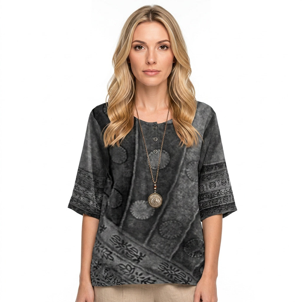 Artistieke Blouse met Patchwork Print en Losse Pasvorm