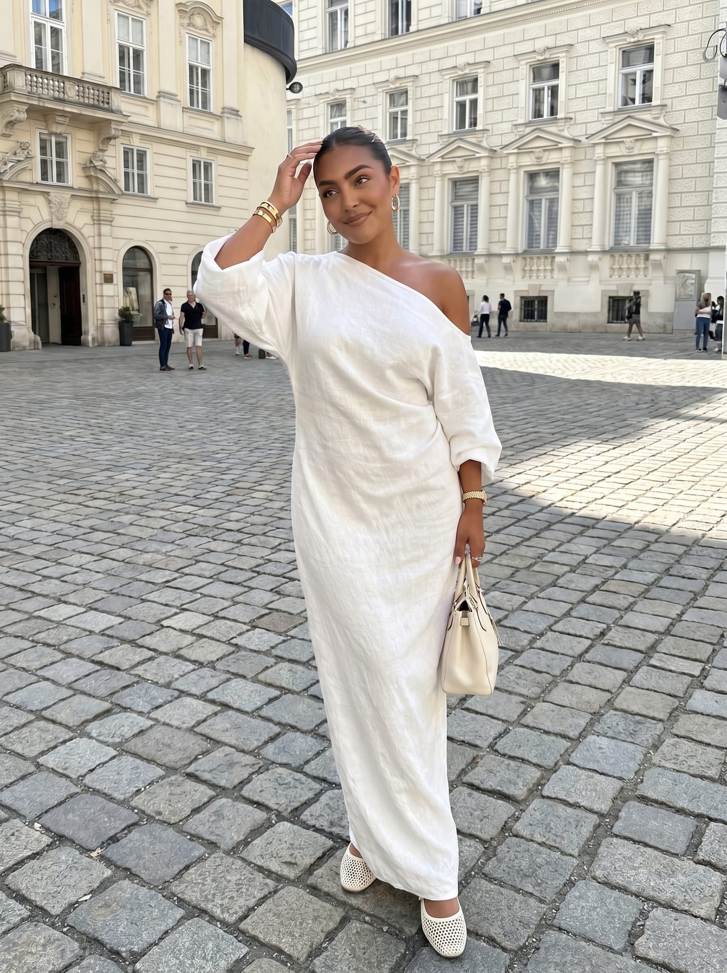 Elegant Linnen-Katoenen Jurk | Off-Shoulder Design