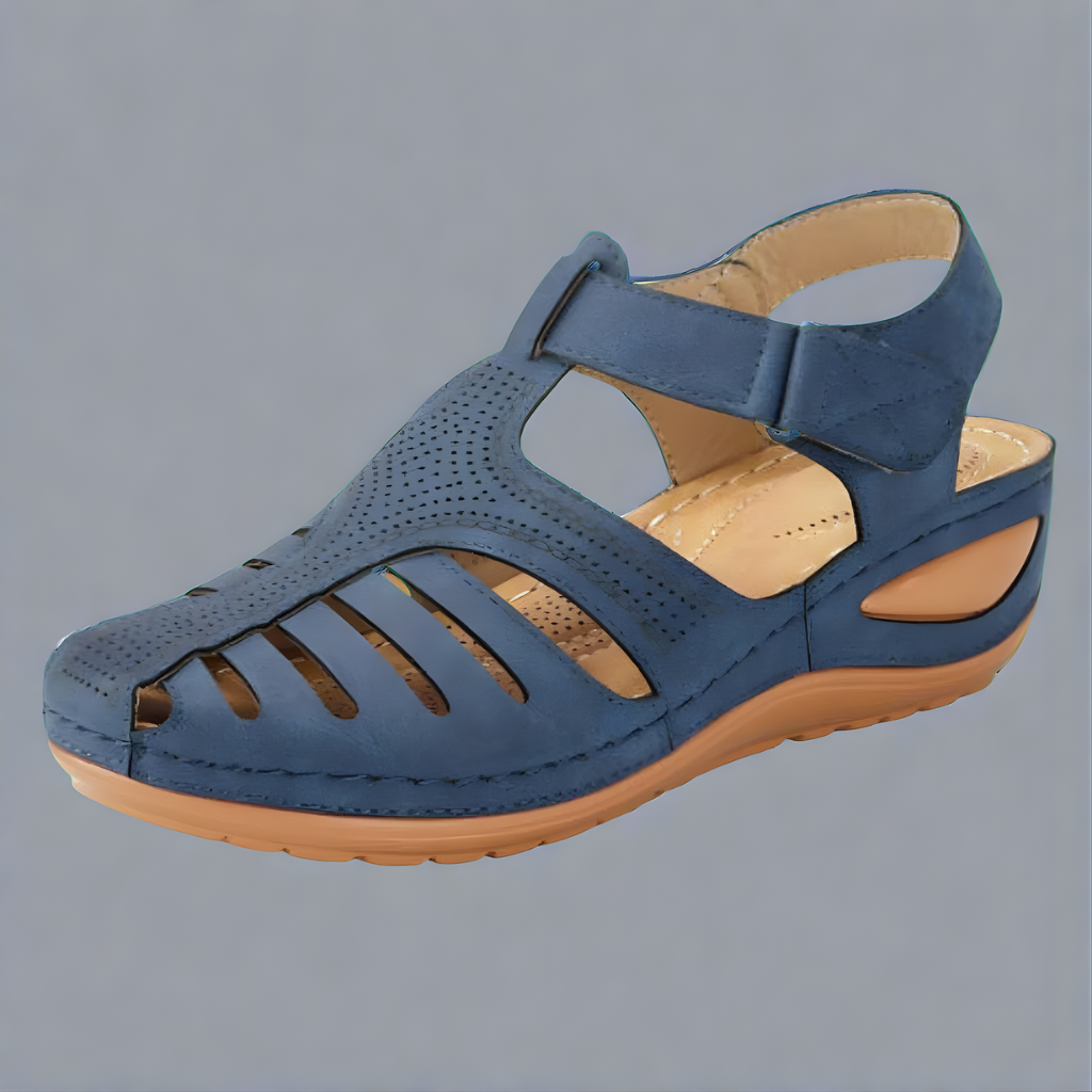 Verschillende kleuren Hanna sandalen naast elkaar, inclusief blauw, bordeauxrood, bruin en zwart.