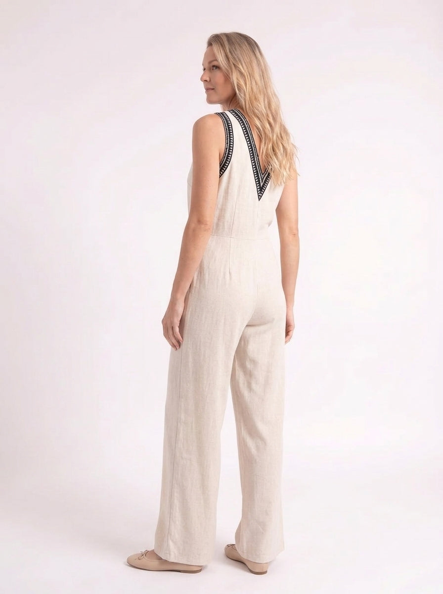 Noor – Elegante Linnen Jumpsuit met Geborduurd Detail