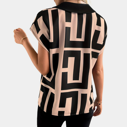 Geometrische Print Top met V Hals en Korte Mouwen