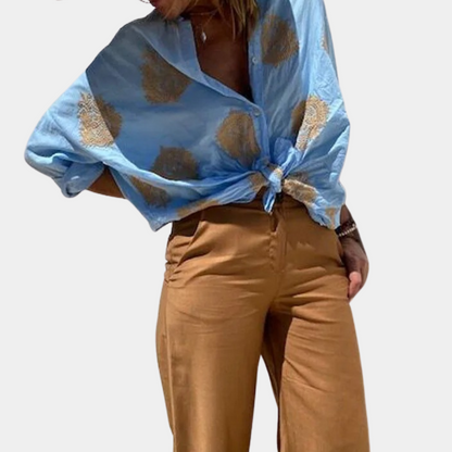 Blouse met Gouden Bladprint en Losvallende Pasvorm