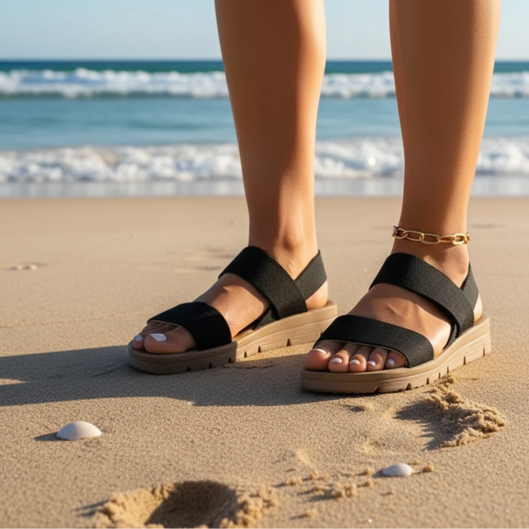 Marindi sandalen op een natuurlijke achtergrond, vooraanzicht