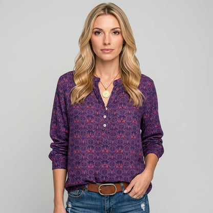 Casual Blouse met V Hals en Print en Lange Mouwen