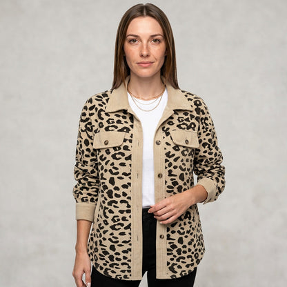 Luipaardprint Denim Jas met Knopen