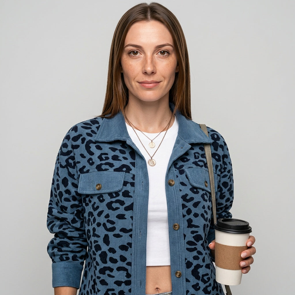 Luipaardprint Denim Jas met Knopen