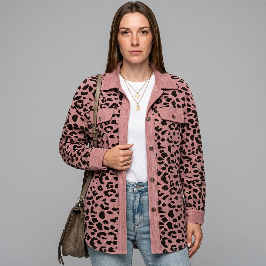 Luipaardprint Denim Jas met Knopen