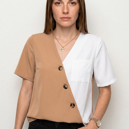 Tweekleurige Blouse met Knopen en Korte Mouwen
