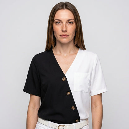 Tweekleurige Blouse met Knopen en Korte Mouwen