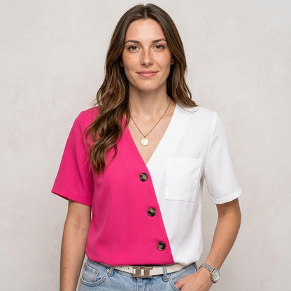 Tweekleurige Blouse met Knopen en Korte Mouwen