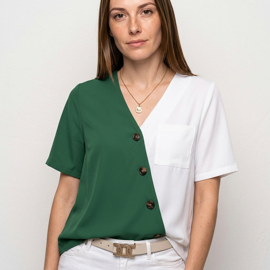 Tweekleurige Blouse met Knopen en Korte Mouwen