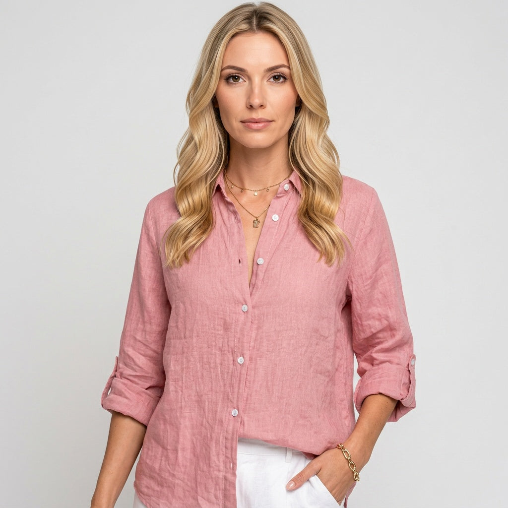 Linnen Blouse met Opgerolde Mouwen en Knopen