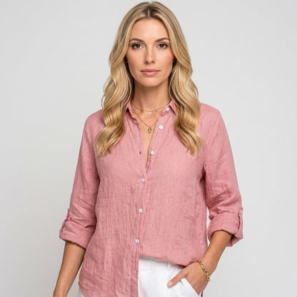 Linnen Blouse met Opgerolde Mouwen en Knopen