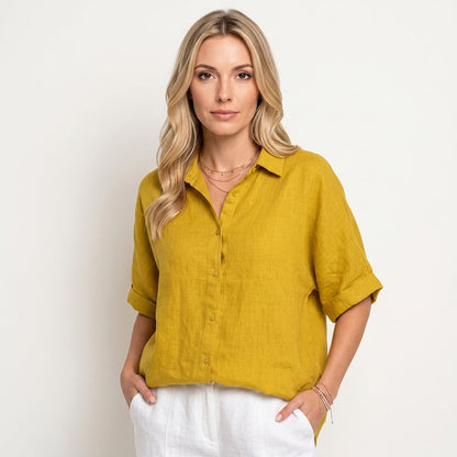 Linnen Blouse met Opgerolde Mouwen en Knopen