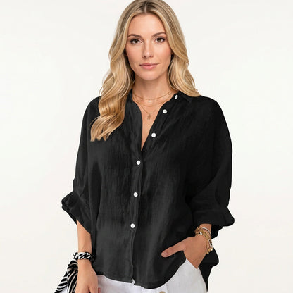 Linnen Blouse met Opgerolde Mouwen en Knopen