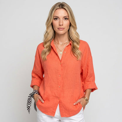 Linnen Blouse met Opgerolde Mouwen en Knopen