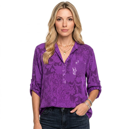 Jacquard Blouse met V Hals en Lange Mouwen