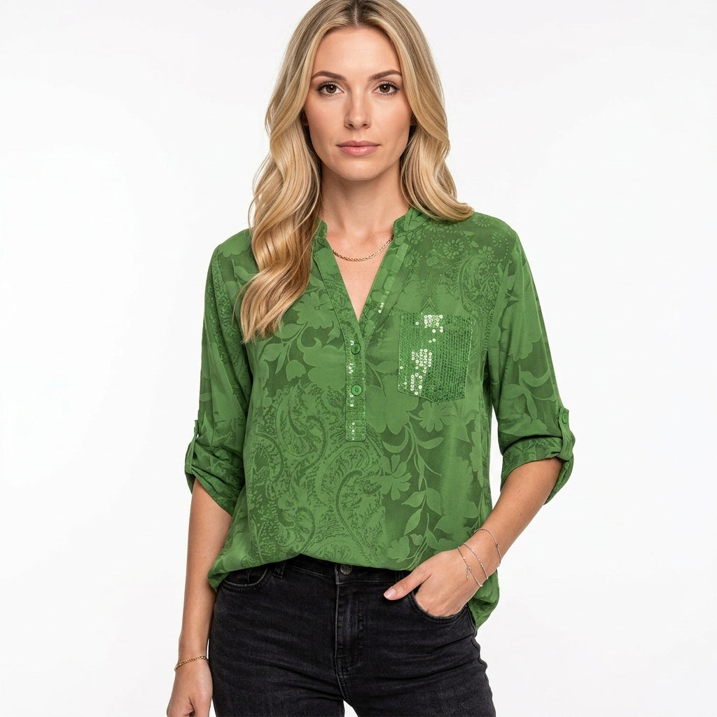 Jacquard Blouse met V Hals en Lange Mouwen