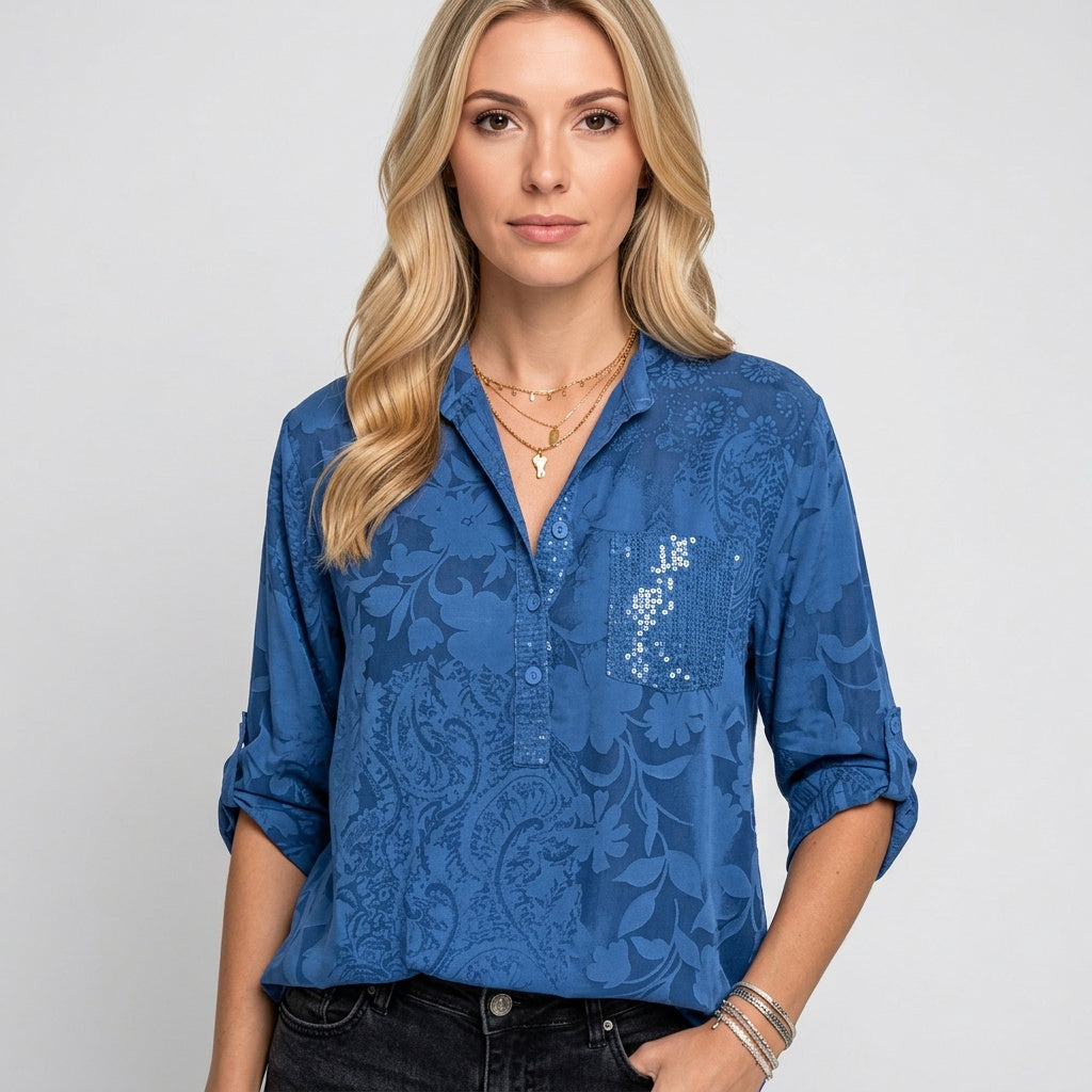 Jacquard Blouse met V Hals en Lange Mouwen
