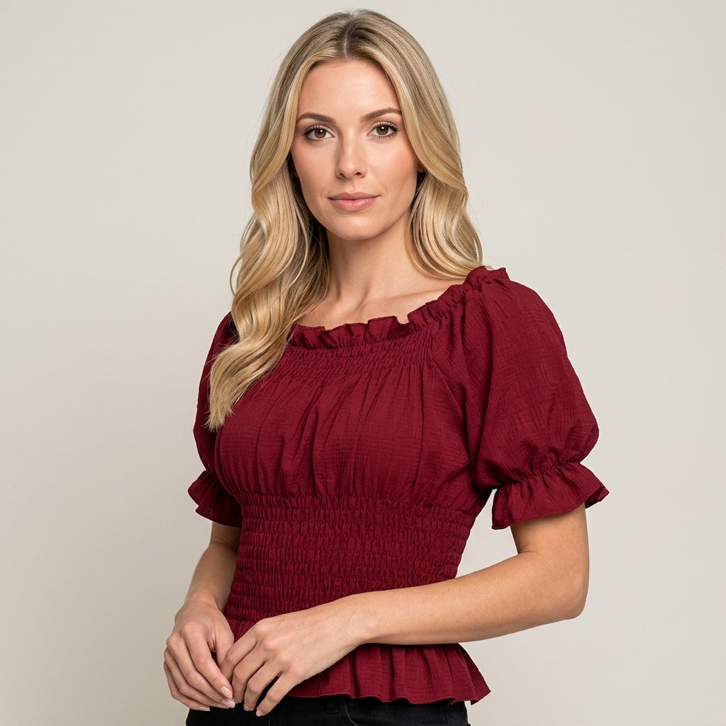 Off Shoulder Top met Smock Taille en Pofmouwen