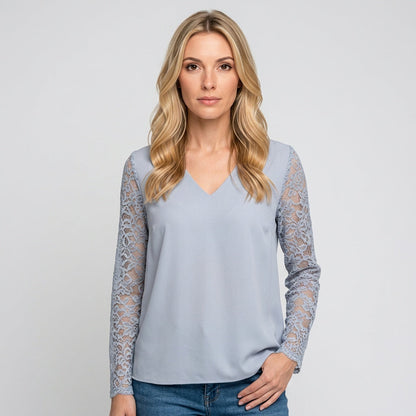 Elegante Blouse met Kantmouwen en V Hals