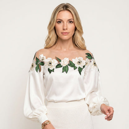 Elegante Off Shoulder Blouse met Bloemenborduursel