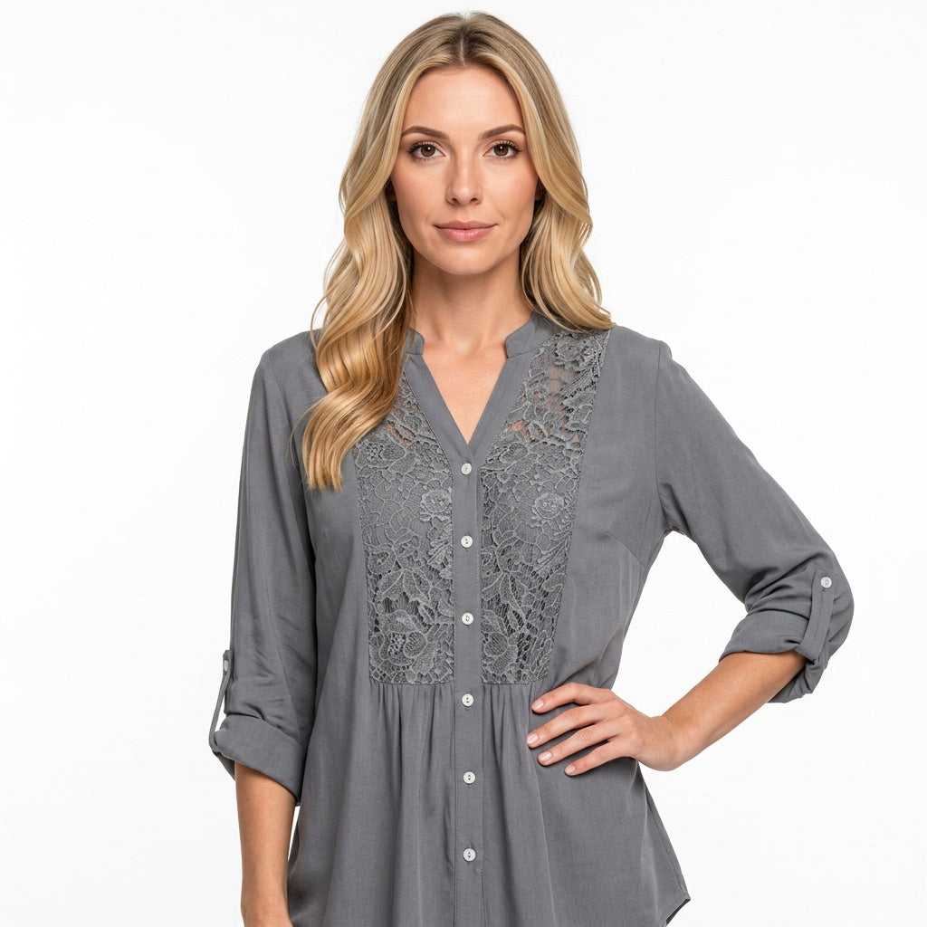 Elegante Tuniek Blouse met Kantdetails en Knopen