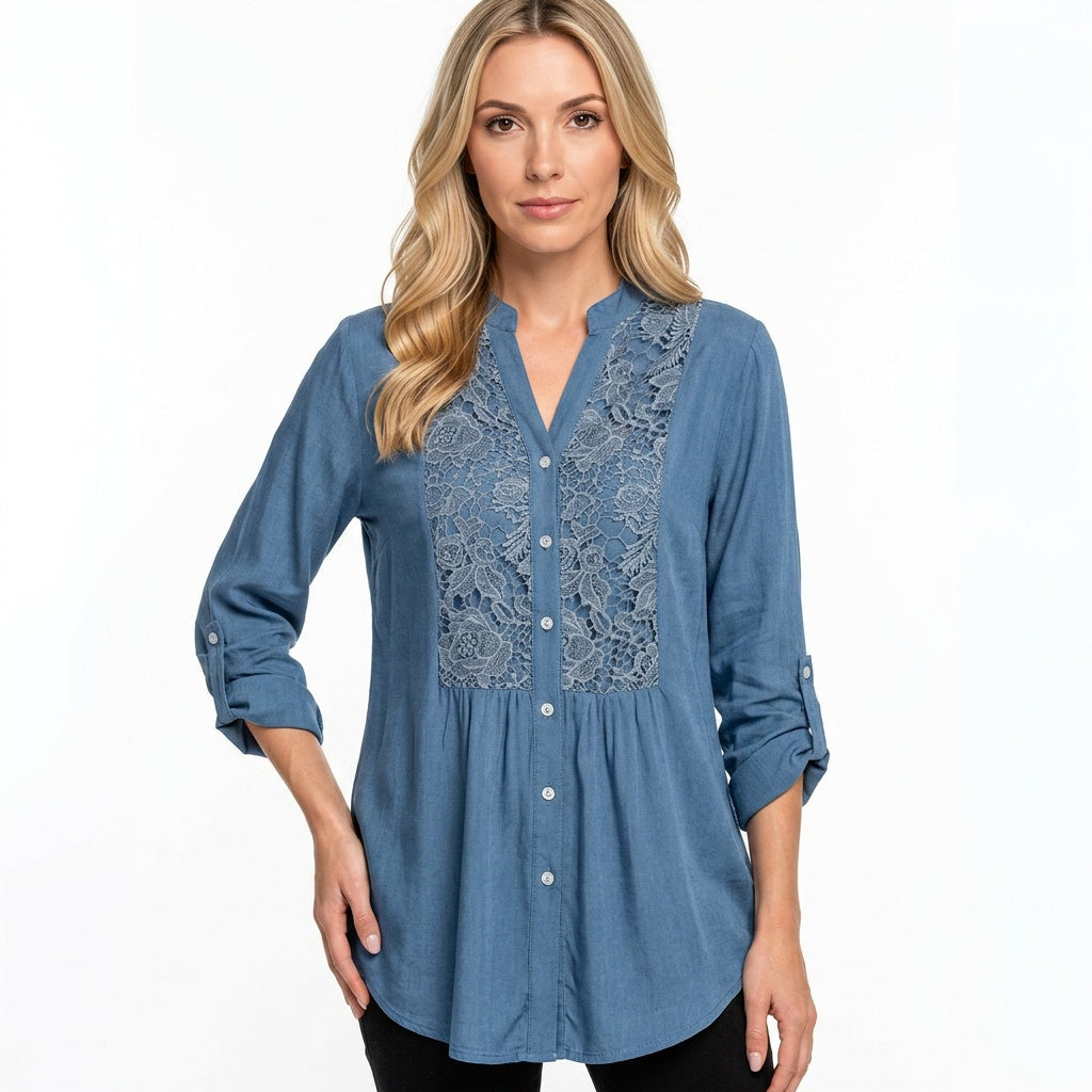 Elegante Tuniek Blouse met Kantdetails en Knopen