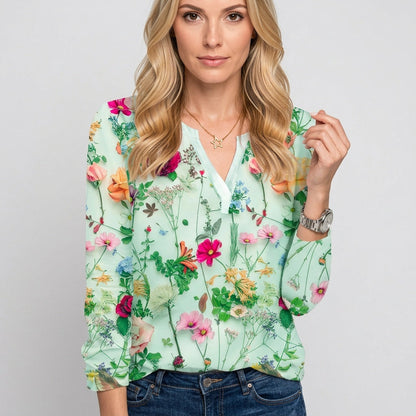 Elegante Bloemen Blouse met V Hals en Luchtige Pasvorm
