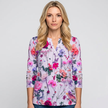 Elegante Bloemen Blouse met V Hals en Luchtige Pasvorm