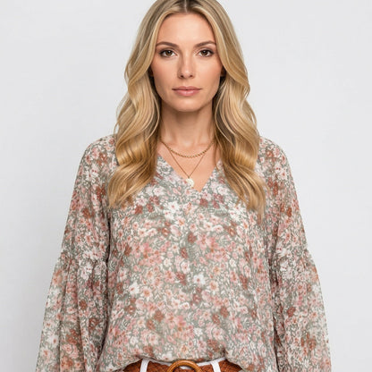 Romantische Bloemen Blouse met V Hals en Luchtige Pasvorm