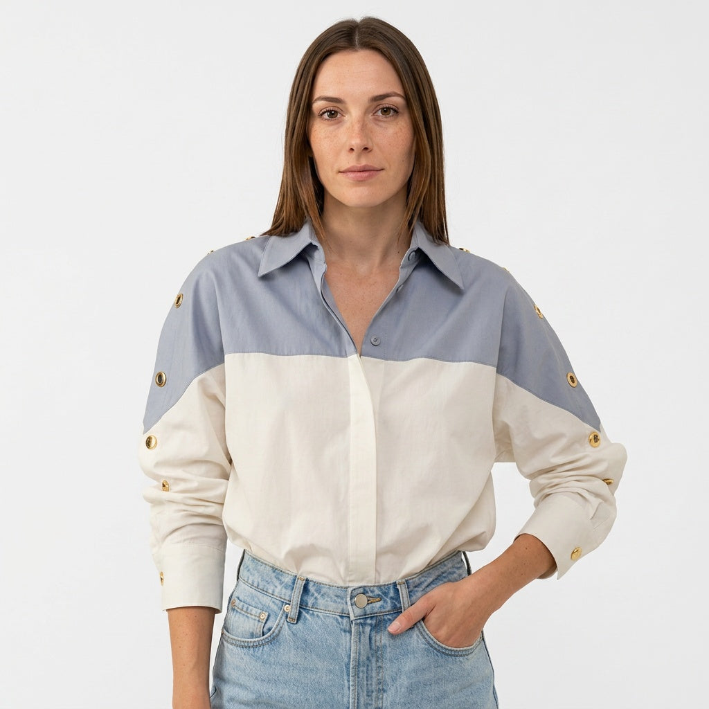 Kleurblok Blouse met Klassieke Kraag en Moderne Stijl