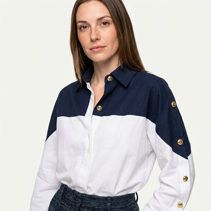 Kleurblok Blouse met Klassieke Kraag en Moderne Stijl