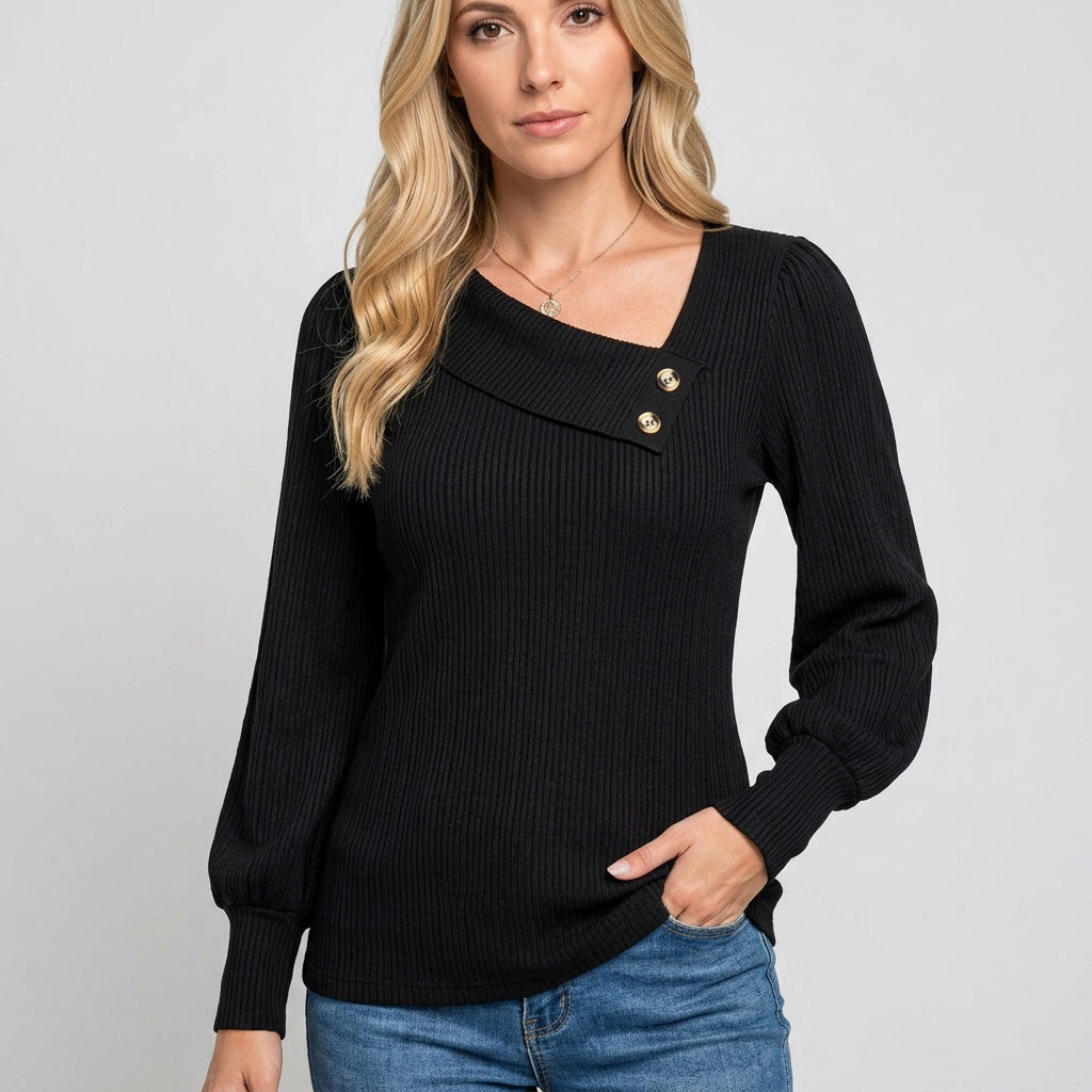 Casual Rib Top met Knopen en V-hals
