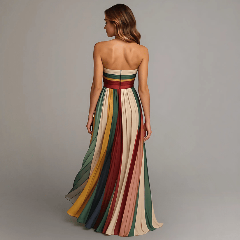 Zijaanzicht van de vloeiende maxi-rok en het elegante silhouet van de jurk.