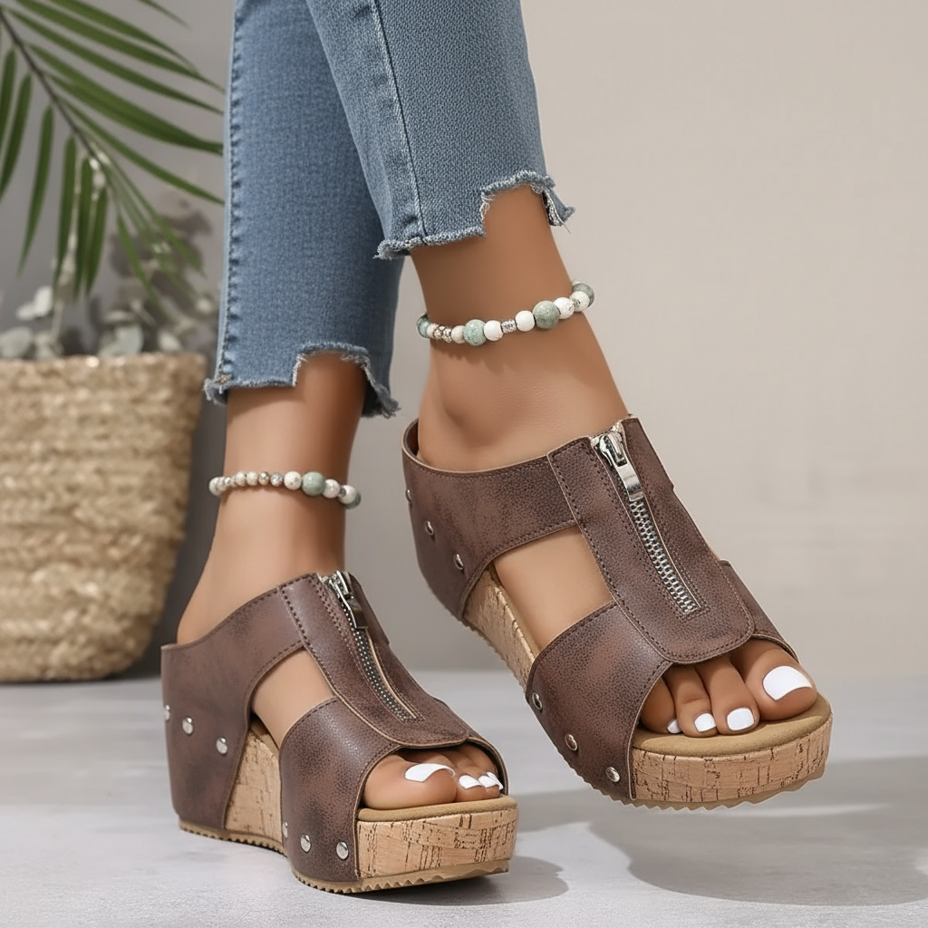 Gigi wig sandalen gedragen op een terrasje