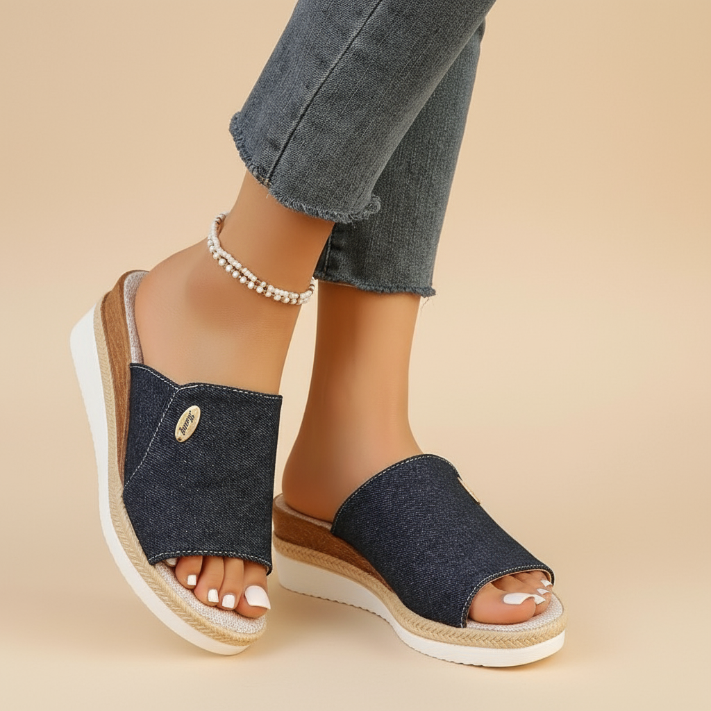 Bovenaanzicht van Talia ergonomische sandaal in blauwe denim stof.