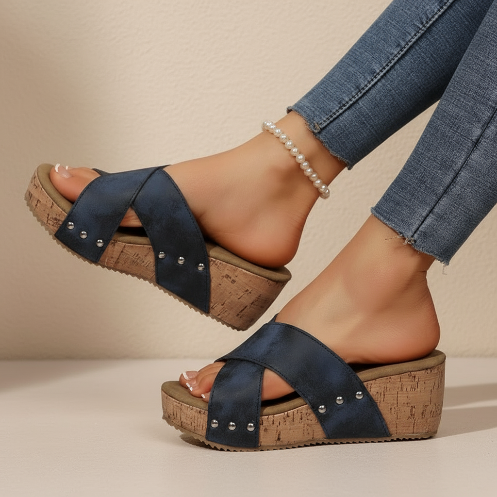 Oakley Boho Wedge Sandalen in verschillende kleuren op een rij (kaki, marineblauw, zwart, bruin) met de voorkant naar voren