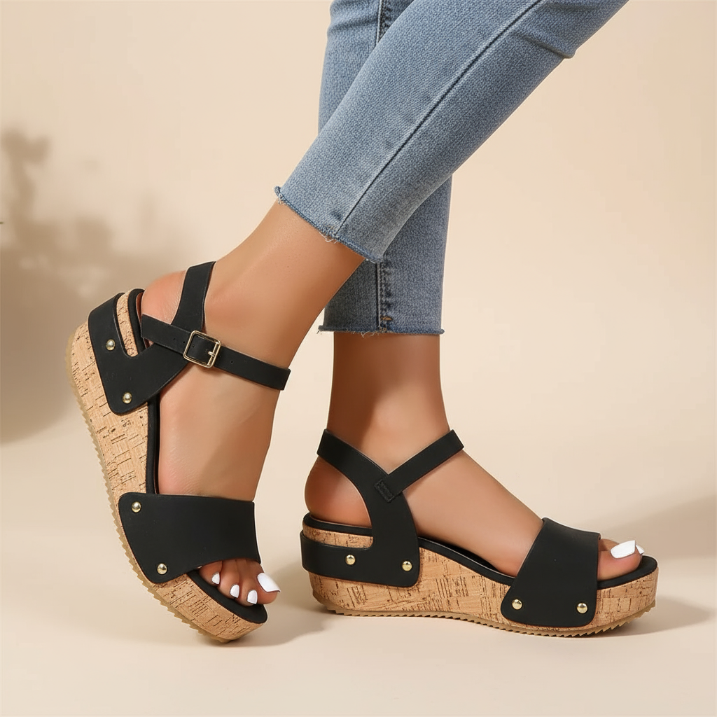 Zwarte Daniela keilsandalen aan de voet, voor een comfortabele look