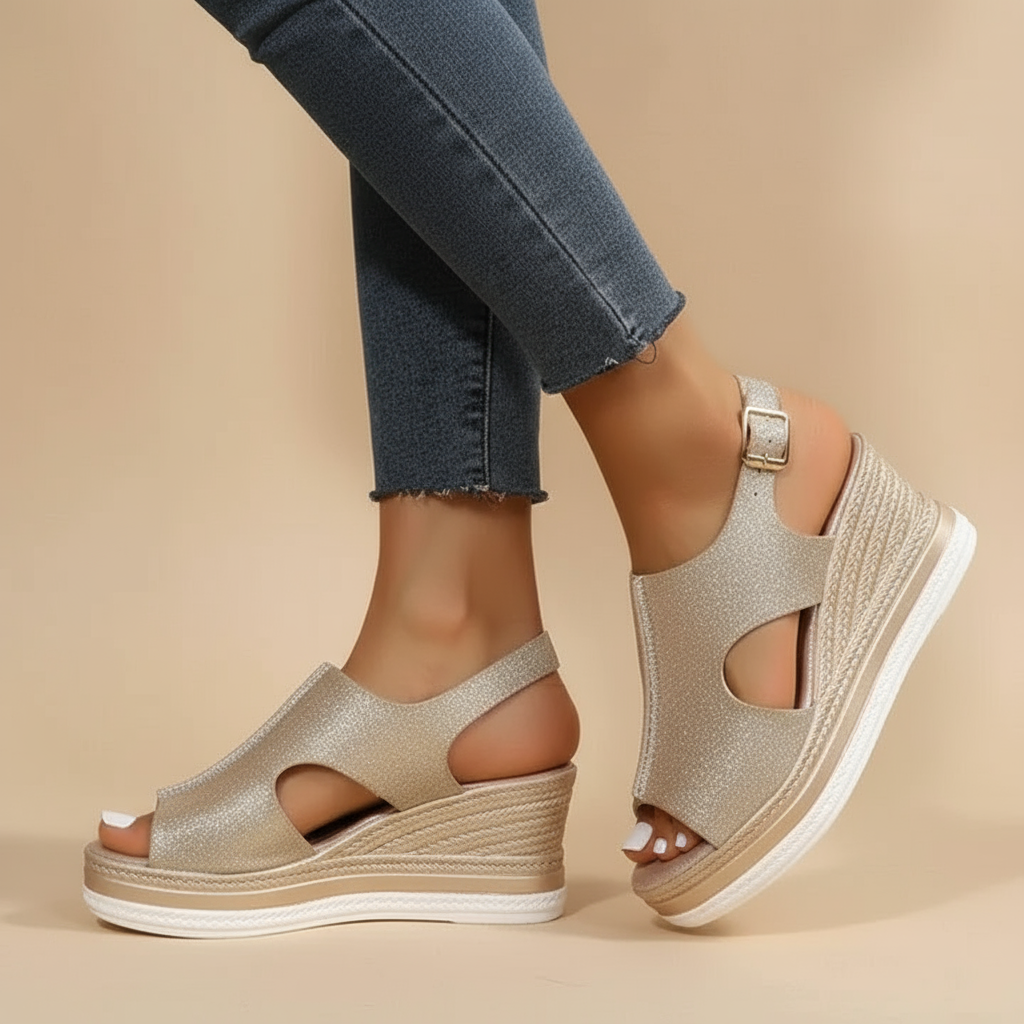 Close-up van de zilveren Maeve keilsandalen met het cut-out design