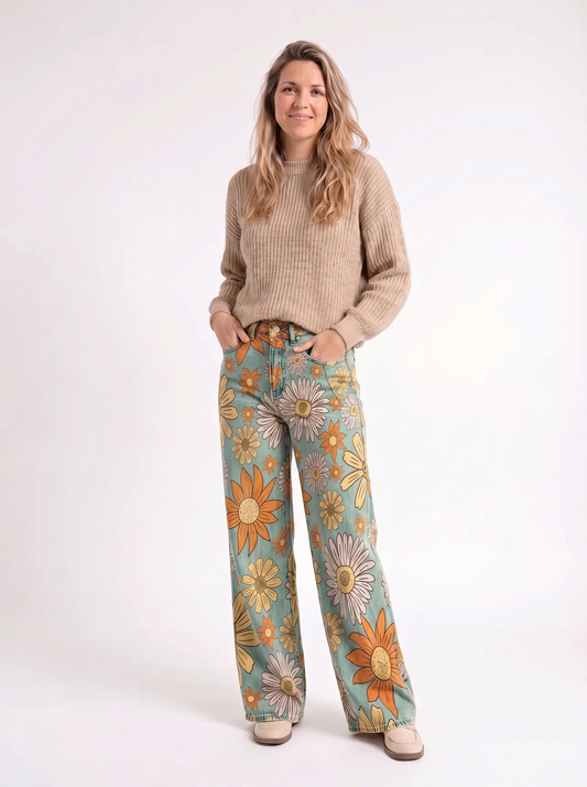 Lina – Retro Bloemen Wide Leg Jeans