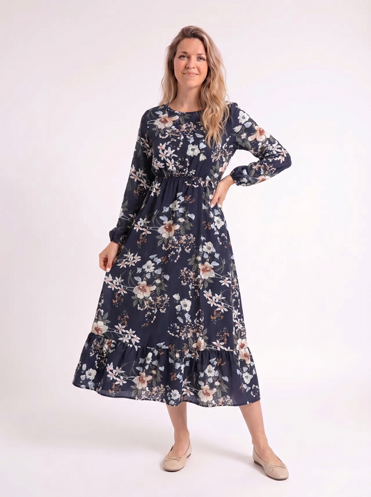Noor – Donkerblauwe Bloemen Jurk