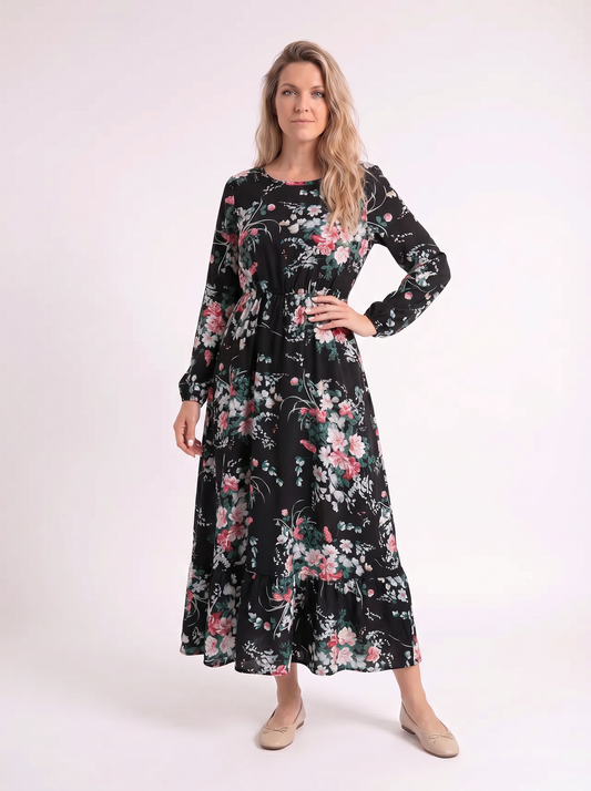 Zoë – Zwarte Bloemen Maxi Jurk