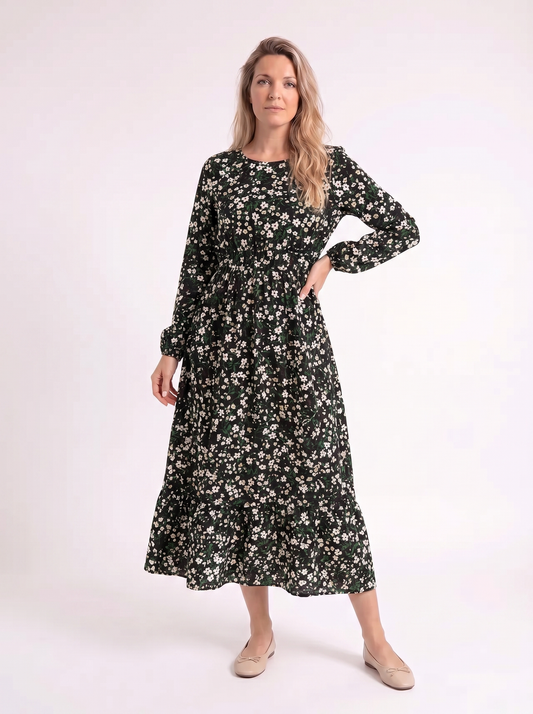 Emma – Donkergroene Bloemen Jurk