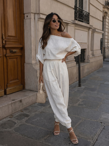 Comfortabel Linnen Off-Shoulder Set - Gebroken Wit