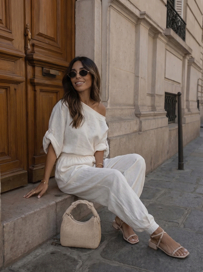 Comfortabel Linnen Off-Shoulder Set - Gebroken Wit