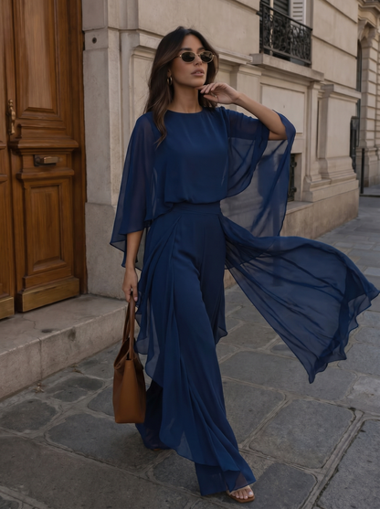 Chiffon Rüschen Set Marineblauw