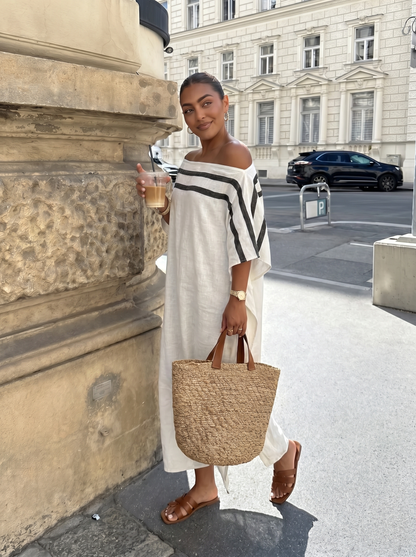 Minimalistisch Linnen Maxi Jurk - Off-Shoulder Design